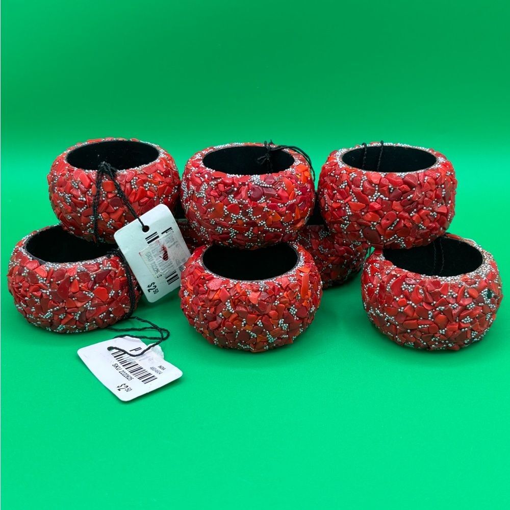 NWT Pier 1 Imports Red Mosaic Coral Rocks Napkin Rings Set Of 8